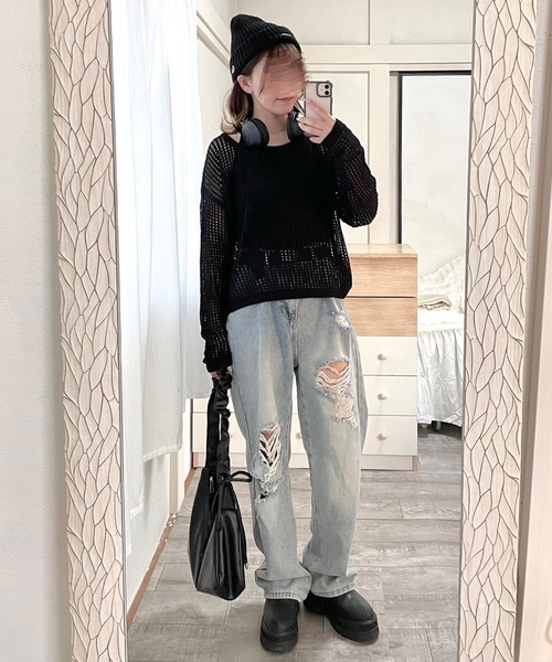 etta(エタ)の「キャミソール付きメッシュトップス(Tシャツ/カットソー・レディース・ブラック/オートミール・FREE)」の12枚目の写真