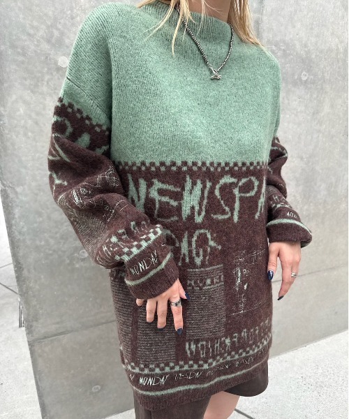 Ameri（アメリ）の「NEWS PAPER JACQUARED KNIT TOP（ニット