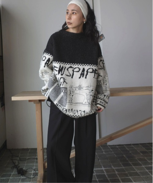 Ameri（アメリ）の「NEWS PAPER JACQUARED KNIT TOP（ニット