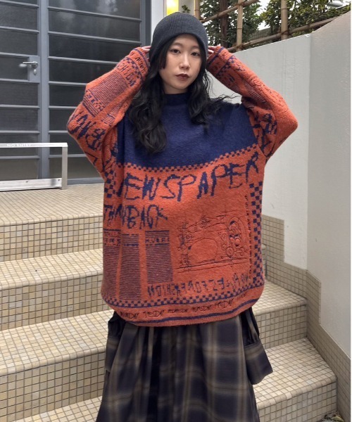 Ameri（アメリ）の「NEWS PAPER JACQUARED KNIT TOP（ニット/セーター