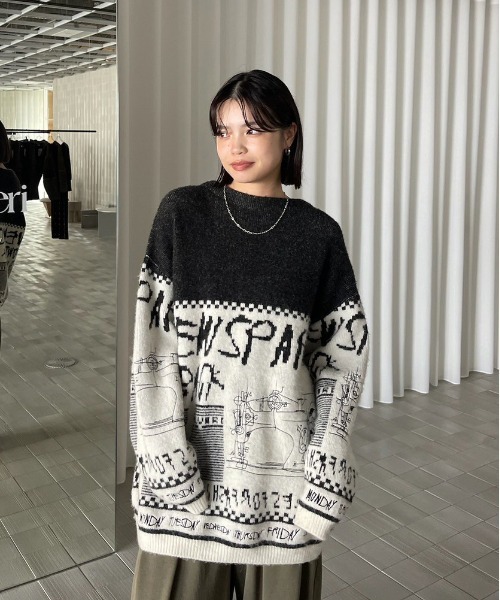 AMERI NEWS PAPER JACQUARED KNIT TOP✨ NEWS PAPER JACQUARED KNIT TOP（ニット/セーター）｜Ameri（アメリ