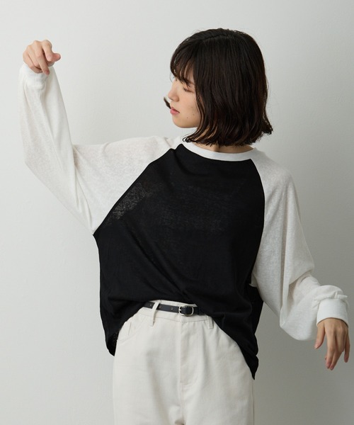Lipoy（リポイ）の「透かし編みラグラン配色ロンT（Tシャツ/カットソー・レディース・ブルー/ホワイト/オレンジ・FREE）」の2枚目の写真