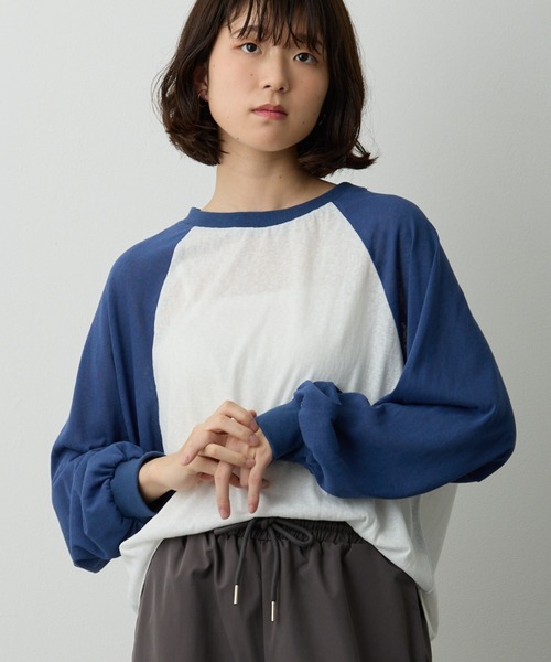Lipoy（リポイ）の「透かし編みラグラン配色ロンT（Tシャツ/カットソー・レディース・ブルー/ホワイト/オレンジ・FREE）」の3枚目の写真