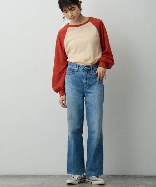 RE. 仲里依紗 配色ラグランロンＴ ブルー 透かし編みラグラン配色ロンT（Tシャツ/カットソー）｜Lipoy