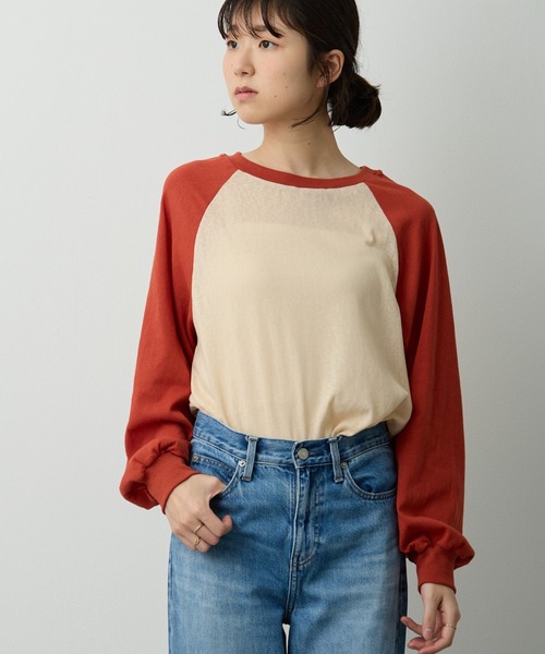 RE. 仲里依紗 配色ラグランロンＴ ブルー 透かし編みラグラン配色ロンT（Tシャツ/カットソー）｜Lipoy