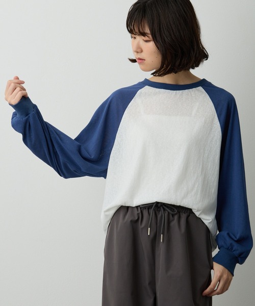 Lipoy（リポイ）の「透かし編みラグラン配色ロンT（Tシャツ/カットソー・レディース・ブルー/ホワイト/オレンジ・FREE）」の5枚目の写真