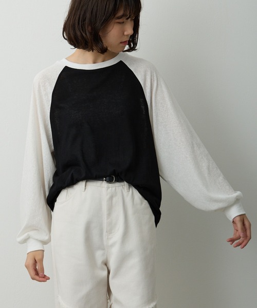 透かし編みラグラン配色ロンT（Tシャツ/カットソー）｜Lipoy