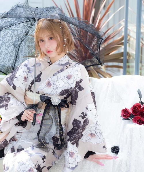 Retica(レティカ)の「浴衣セット レディース 生成り モノトーン 牡丹 ガーリー ゆかた2点セット 浴衣 兵児帯 かわいい(浴衣・レディース・ホワイト・FREE)」の3枚目の写真