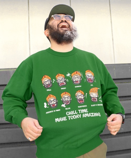 KRIFF MAYER（クリフメイヤー）の「チルタイム裏起毛クルー(顔)（スウェット・メンズ・パープル/チャコール/カラフル/グリーン/グレー/ナチュラル・X-LARGE/LARGE/MEDIUM）」の5枚目の写真