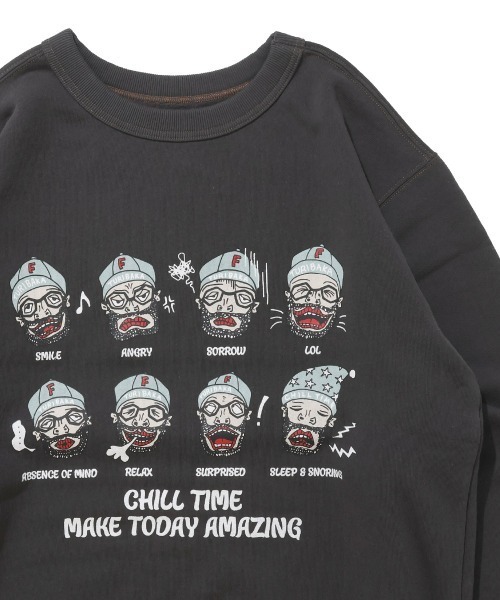 KRIFF MAYER（クリフメイヤー）の「チルタイム裏起毛クルー(顔)（スウェット・メンズ・パープル/チャコール/カラフル/グリーン/グレー/ナチュラル・X-LARGE/LARGE/MEDIUM）」の3枚目の写真