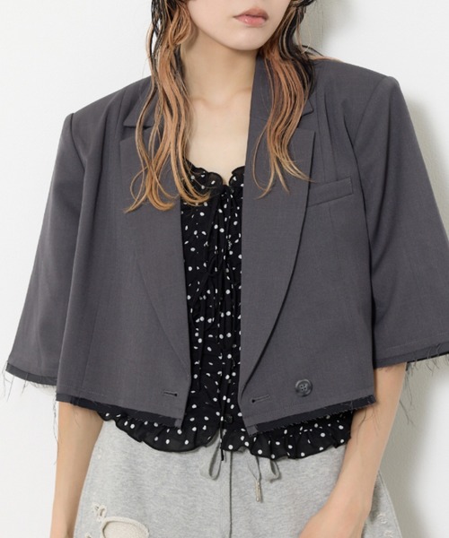 SLY（スライ）の「CROP MANISH TAILOR JK クロップ マニッシュ テイラージャケット 秋服（テーラードジャケット・レディース・ネイビー系/杢グレー・FREE）」の21枚目の写真