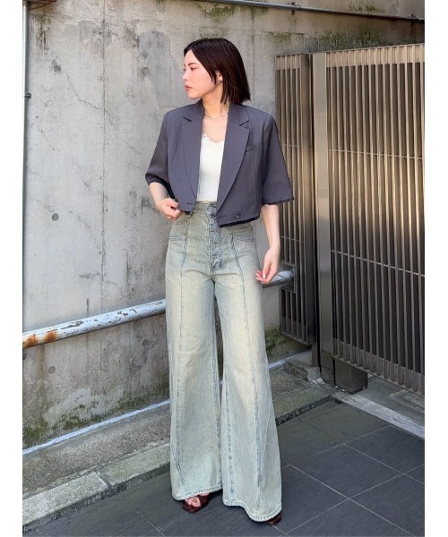 SLY（スライ）の「CROP MANISH TAILOR JK クロップ マニッシュ テイラージャケット 秋服（テーラードジャケット・レディース・ネイビー系/杢グレー・FREE）」の3枚目の写真