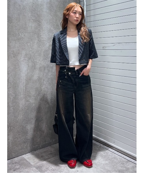 SLY（スライ）の「CROP MANISH TAILOR JK クロップ マニッシュ テイラージャケット 秋服（テーラードジャケット・レディース・ネイビー系/杢グレー・FREE）」の7枚目の写真