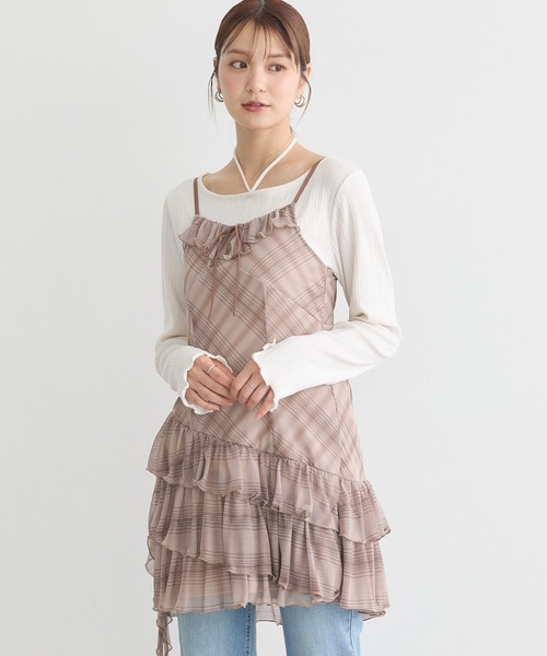 earth music&ecology（アースミュージックアンドエコロジー）の「フロントリボンチェックミニキャミワンピース（ワンピース・レディース・ブラウン系その他4/グレー系その他3・FREE）」の7枚目の写真