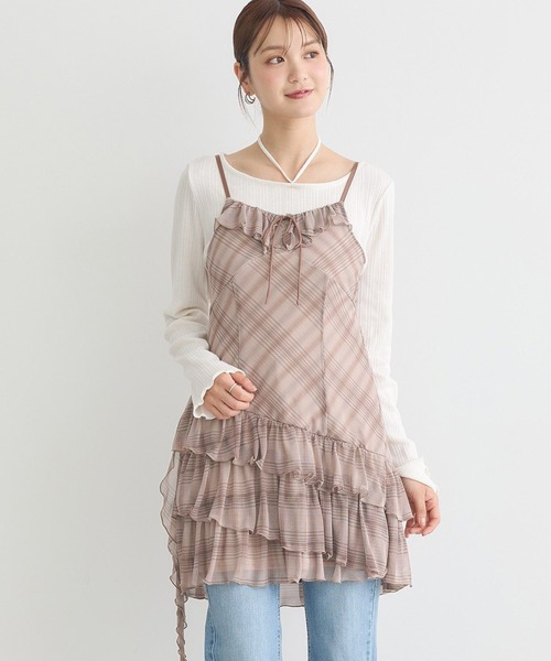 earth music&ecology（アースミュージックアンドエコロジー）の「フロントリボンチェックミニキャミワンピース（ワンピース・レディース・ブラウン系その他4/グレー系その他3・FREE）」の8枚目の写真