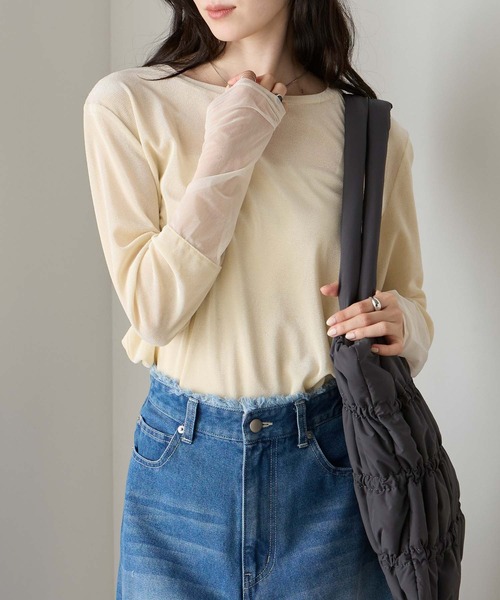 forksy.(フォルクシー)の「【forksy.】<エブリデイシリーズ>袖シャーリング ベロアシアートップス(Tシャツ/カットソー・レディース・ブラウン/チャコールグレー/アイボリー/ブラック/カーキ/ブラック系/ナチュラル・FREE)」の6枚目の写真