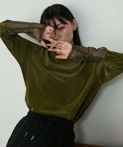 セール】【forksy.】袖シャーリング ベロアシアートップス（Tシャツ