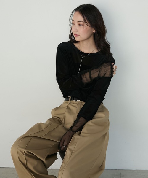 forksy.(フォルクシー)の「【forksy.】<エブリデイシリーズ>袖シャーリング ベロアシアートップス(Tシャツ/カットソー・レディース・ブラウン/チャコールグレー/アイボリー/ブラック/カーキ/ブラック系/ナチュラル・FREE)」の9枚目の写真