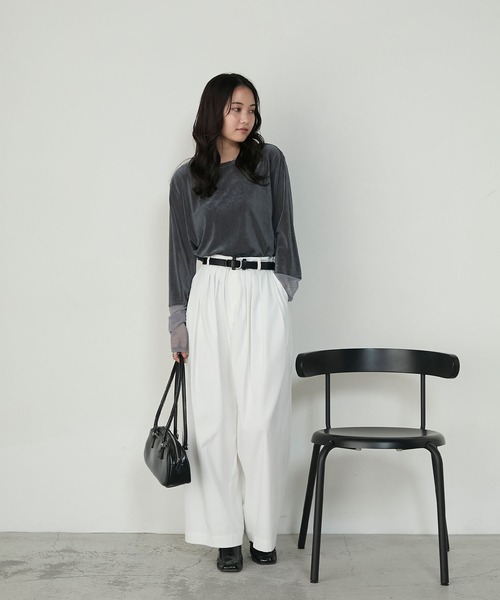 セール】【forksy.】袖シャーリング ベロアシアートップス（Tシャツ