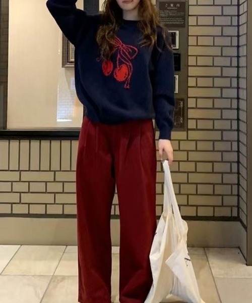 Lace Ladies(レースレディース)の「チェリー柄 配色 クルーネック ニット プルオーバー(ニット/セーター・レディース・レッド/ネイビー/グレー・FREE)」の4枚目の写真