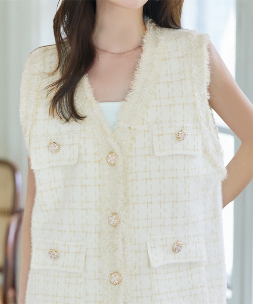 ★美品★BALLSEY ツイードベスト 金ボタン ノースリーブ ニット切替 36 ☆美品☆BALLSEY ツイードベスト 金ボタン ノースリーブ ニット切替 36