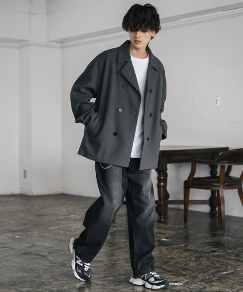 Rocky Monroe(ロッキーモンロー)の「新色追加 T/M オーバーサイズダブルブレストテックメルトン無地/チェックPコート(ピーコート・メンズ・ブラック/グレイッシュベージュ/ブラウン/チェック/チャコール/ネイビー・M/L/XL)」の14枚目の写真
