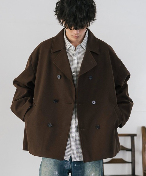 Rocky Monroe(ロッキーモンロー)の「新色追加 T/M オーバーサイズダブルブレストテックメルトン無地/チェックPコート(ピーコート・メンズ・ブラック/グレイッシュベージュ/ブラウン/チェック/チャコール/ネイビー・M/L/XL)」の15枚目の写真