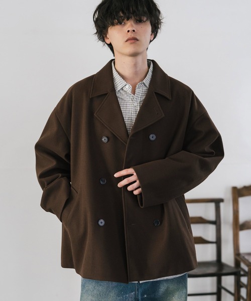 Rocky Monroe(ロッキーモンロー)の「新色追加 T/M オーバーサイズダブルブレストテックメルトン無地/チェックPコート(ピーコート・メンズ・ブラック/グレイッシュベージュ/ブラウン/チェック/チャコール/ネイビー・M/L/XL)」の16枚目の写真