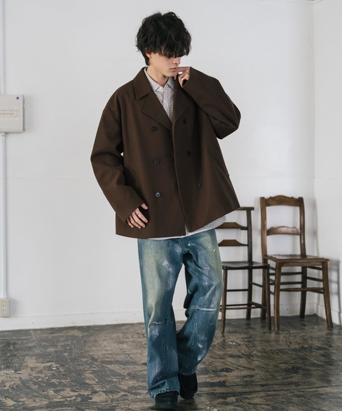 Rocky Monroe(ロッキーモンロー)の「新色追加 T/M オーバーサイズダブルブレストテックメルトン無地/チェックPコート(ピーコート・メンズ・ブラック/グレイッシュベージュ/ブラウン/チェック/チャコール/ネイビー・M/L/XL)」の18枚目の写真