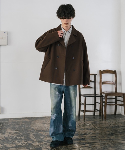 Rocky Monroe(ロッキーモンロー)の「新色追加 T/M オーバーサイズダブルブレストテックメルトン無地/チェックPコート(ピーコート・メンズ・ブラック/グレイッシュベージュ/ブラウン/チェック/チャコール/ネイビー・M/L/XL)」の19枚目の写真