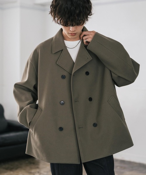Rocky Monroe(ロッキーモンロー)の「新色追加 T/M オーバーサイズダブルブレストテックメルトン無地/チェックPコート(ピーコート・メンズ・ブラック/グレイッシュベージュ/ブラウン/チェック/チャコール/ネイビー・M/L/XL)」の20枚目の写真