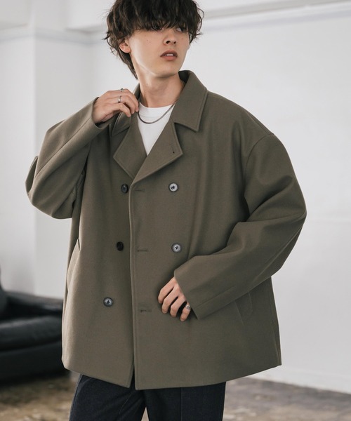 Rocky Monroe(ロッキーモンロー)の「新色追加 T/M オーバーサイズダブルブレストテックメルトン無地/チェックPコート(ピーコート・メンズ・ブラック/グレイッシュベージュ/ブラウン/チェック/チャコール/ネイビー・M/L/XL)」の21枚目の写真