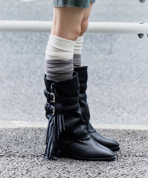 DTYYPE(ドタイプ)の「ベルト付きフリンジミドルブーツ(ブーツ・レディース・ブラック/グレー・X-LARGE/LARGE/MEDIUM/SMALL)」の10枚目の写真