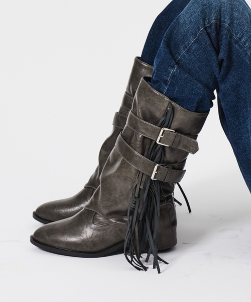 DTYYPE(ドタイプ)の「ベルト付きフリンジミドルブーツ(ブーツ・レディース・ブラック/グレー・X-LARGE/LARGE/MEDIUM/SMALL)」の18枚目の写真