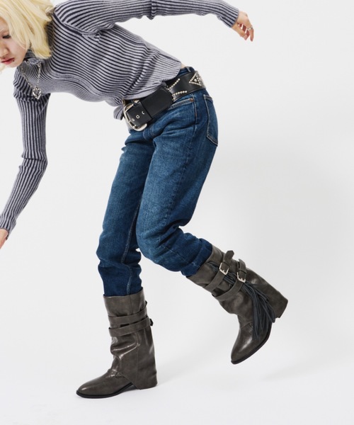 DTYYPE(ドタイプ)の「ベルト付きフリンジミドルブーツ(ブーツ・レディース・ブラック/グレー・X-LARGE/LARGE/MEDIUM/SMALL)」の21枚目の写真