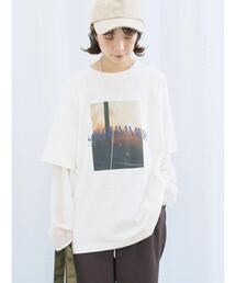 Samansa Mos2 blue | 袖シフォンレイヤードプルオーバー(Tシャツ/カットソー)