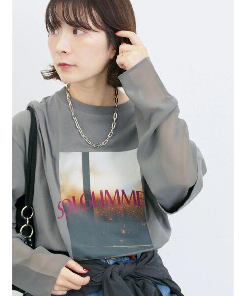 Samansa Mos2 blue(サマンサモスモスブルー)の「袖シフォンレイヤードプルオーバー(Tシャツ/カットソー・レディース・オフホワイト/チャコールグレー/ブラック・F)」の3枚目の写真