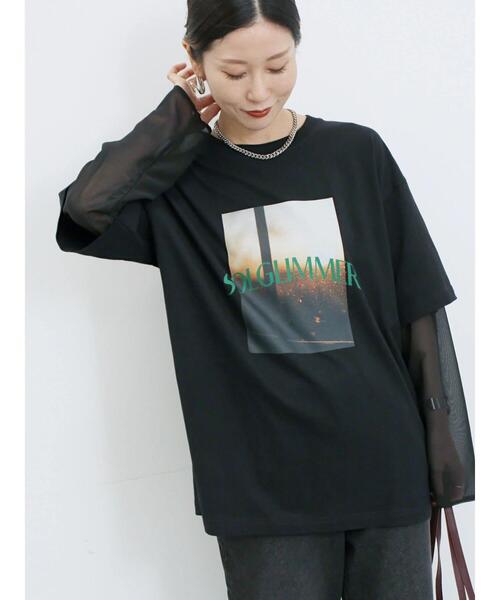 Samansa Mos2 blue(サマンサモスモスブルー)の「袖シフォンレイヤードプルオーバー(Tシャツ/カットソー・レディース・オフホワイト/チャコールグレー/ブラック・F)」の2枚目の写真