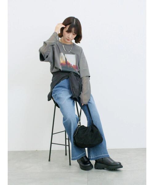 Samansa Mos2 blue(サマンサモスモスブルー)の「袖シフォンレイヤードプルオーバー(Tシャツ/カットソー・レディース・オフホワイト/チャコールグレー/ブラック・F)」の6枚目の写真