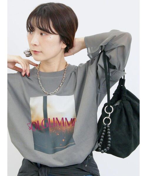 Samansa Mos2 blue(サマンサモスモスブルー)の「袖シフォンレイヤードプルオーバー(Tシャツ/カットソー・レディース・オフホワイト/チャコールグレー/ブラック・F)」の8枚目の写真