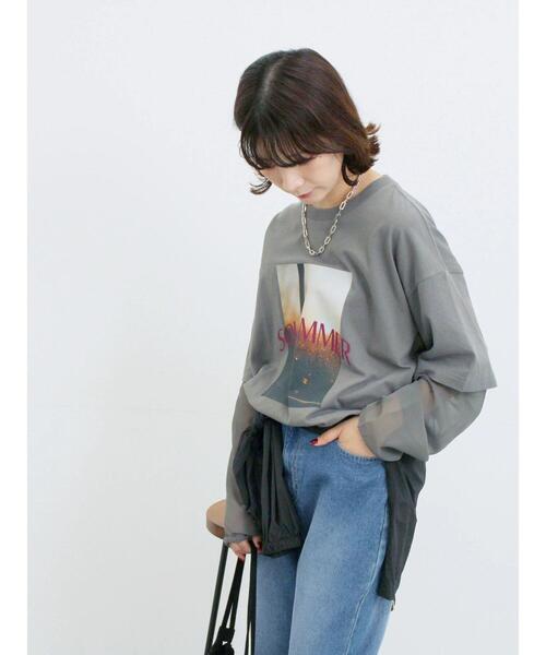 Samansa Mos2 blue(サマンサモスモスブルー)の「袖シフォンレイヤードプルオーバー(Tシャツ/カットソー・レディース・オフホワイト/チャコールグレー/ブラック・F)」の9枚目の写真