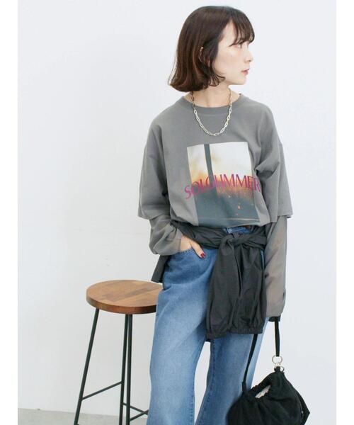 Samansa Mos2 blue(サマンサモスモスブルー)の「袖シフォンレイヤードプルオーバー(Tシャツ/カットソー・レディース・オフホワイト/チャコールグレー/ブラック・F)」の11枚目の写真