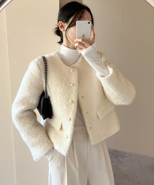 UNMINOU アンミヌ ブークレーノーカラージャケット アイボリー UNMINOU アンミヌ ブークレーノーカラージャケット アイボリー