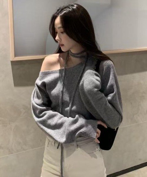 STAY MOTION（ステイモーション）の「【WEB限定】リボンニットプルオーバー［韓国ファッション ガーリー］≪AW新作≫（ニット/セーター・レディース・グレー/アイボリー/サックスブルー・F）」の2枚目の写真