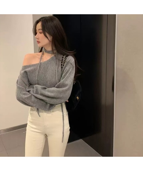 STAY MOTION（ステイモーション）の「【WEB限定】リボンニットプルオーバー［韓国ファッション ガーリー］≪AW新作≫（ニット/セーター・レディース・グレー/アイボリー/サックスブルー・F）」の9枚目の写真