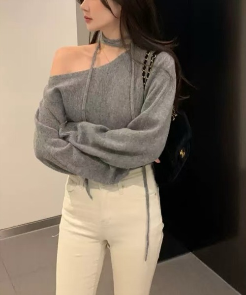 STAY MOTION（ステイモーション）の「【WEB限定】リボンニットプルオーバー［韓国ファッション ガーリー］≪AW新作≫（ニット/セーター・レディース・グレー/アイボリー/サックスブルー・F）」の7枚目の写真