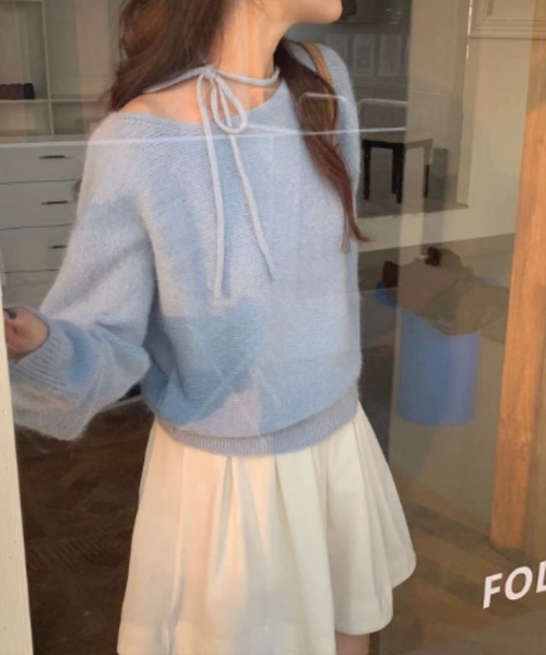 STAY MOTION（ステイモーション）の「【WEB限定】リボンニットプルオーバー［韓国ファッション ガーリー］≪AW新作≫（ニット/セーター・レディース・グレー/アイボリー/サックスブルー・F）」の4枚目の写真