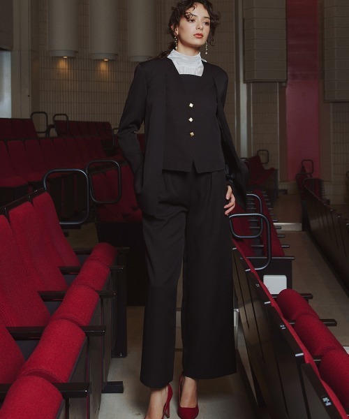 Callarus（カラルス）の「レイヤードデザインジャケット3点セットスーツ（ジャケット＋アシメデザインビスチェ＋ワイドパンツ）〔Callarus〕（スーツセット・レディース・ブラック/モカ・L/M/3L/LL）」の2枚目の写真