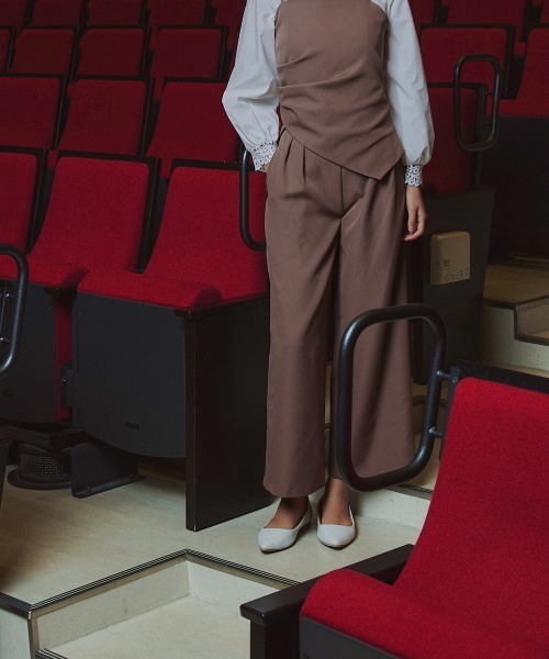 Callarus（カラルス）の「レイヤードデザインジャケット3点セットスーツ（ジャケット＋アシメデザインビスチェ＋ワイドパンツ）〔Callarus〕（スーツセット・レディース・ブラック/モカ・L/M/3L/LL）」の14枚目の写真