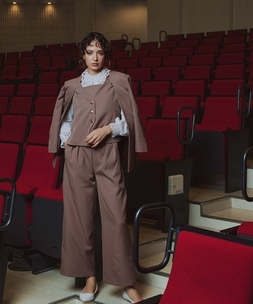 Callarus（カラルス）の「レイヤードデザインジャケット3点セットスーツ（ジャケット＋アシメデザインビスチェ＋ワイドパンツ）〔Callarus〕（スーツセット・レディース・ブラック/モカ・L/M/3L/LL）」の19枚目の写真